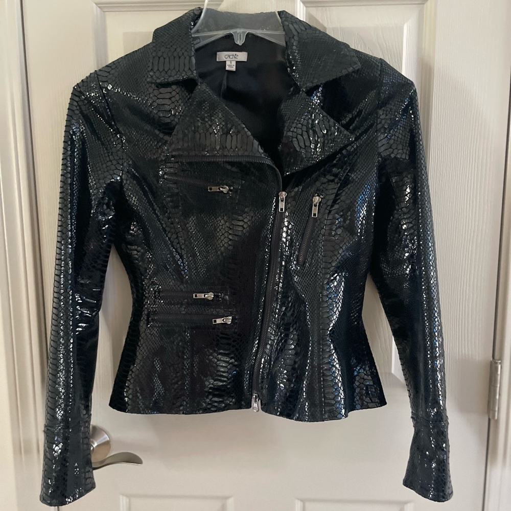 Black leather snake skin moto jacket.